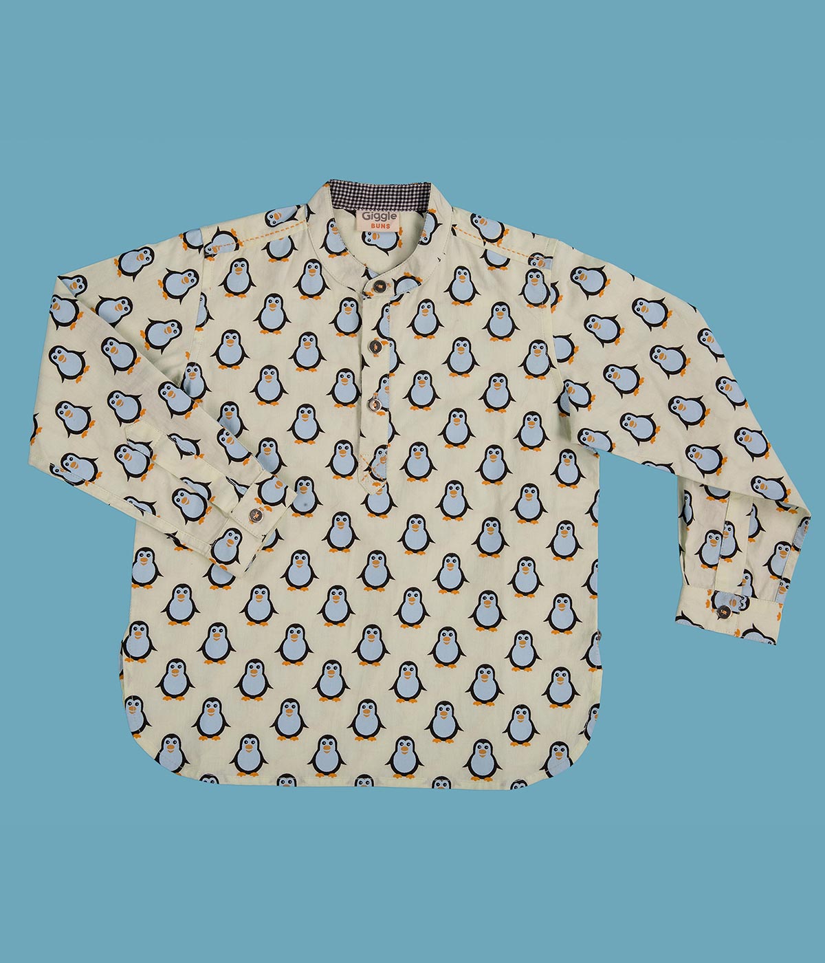 Chinese Collar Penguin Print Shirt