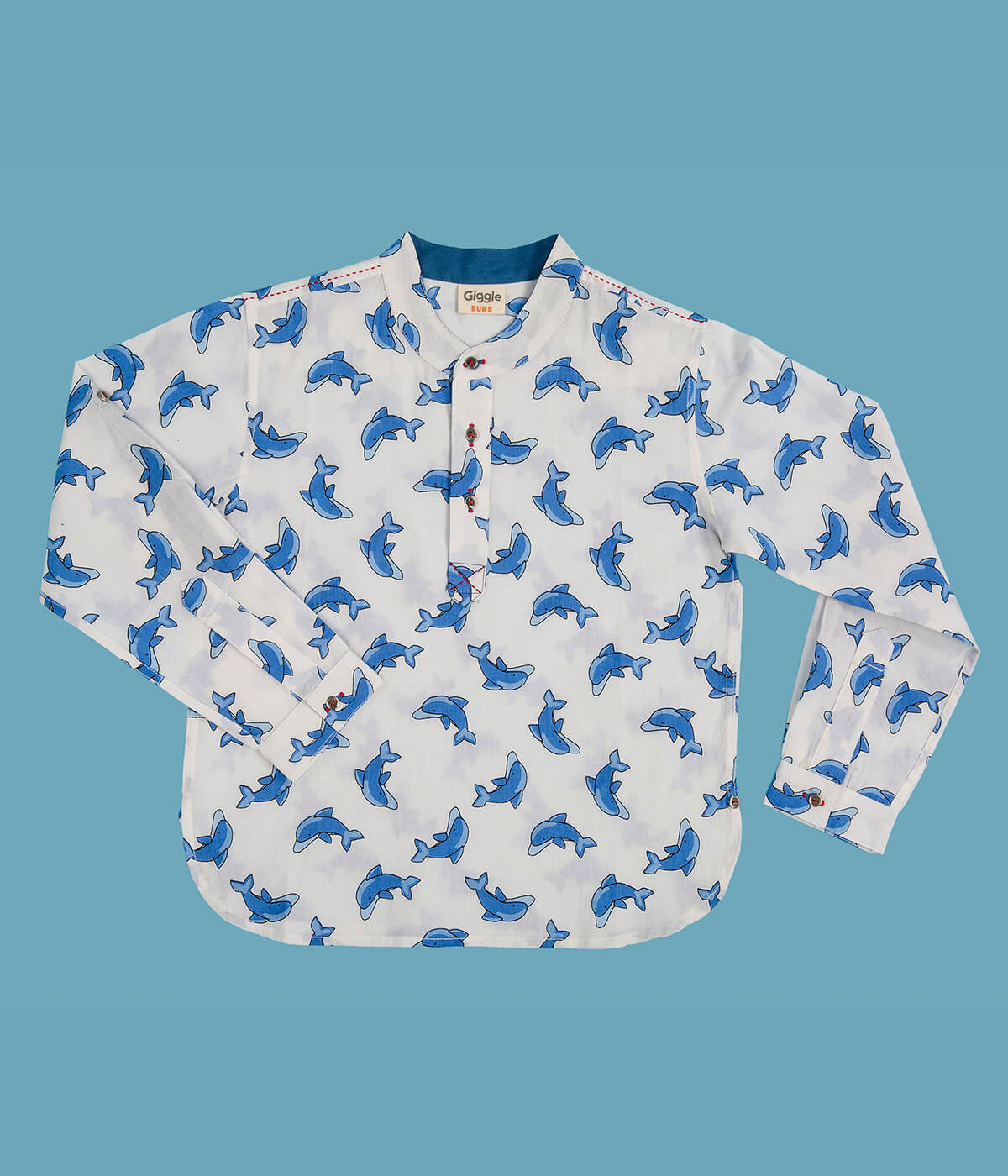 Chinese Collar Dolphin Print Shirt
