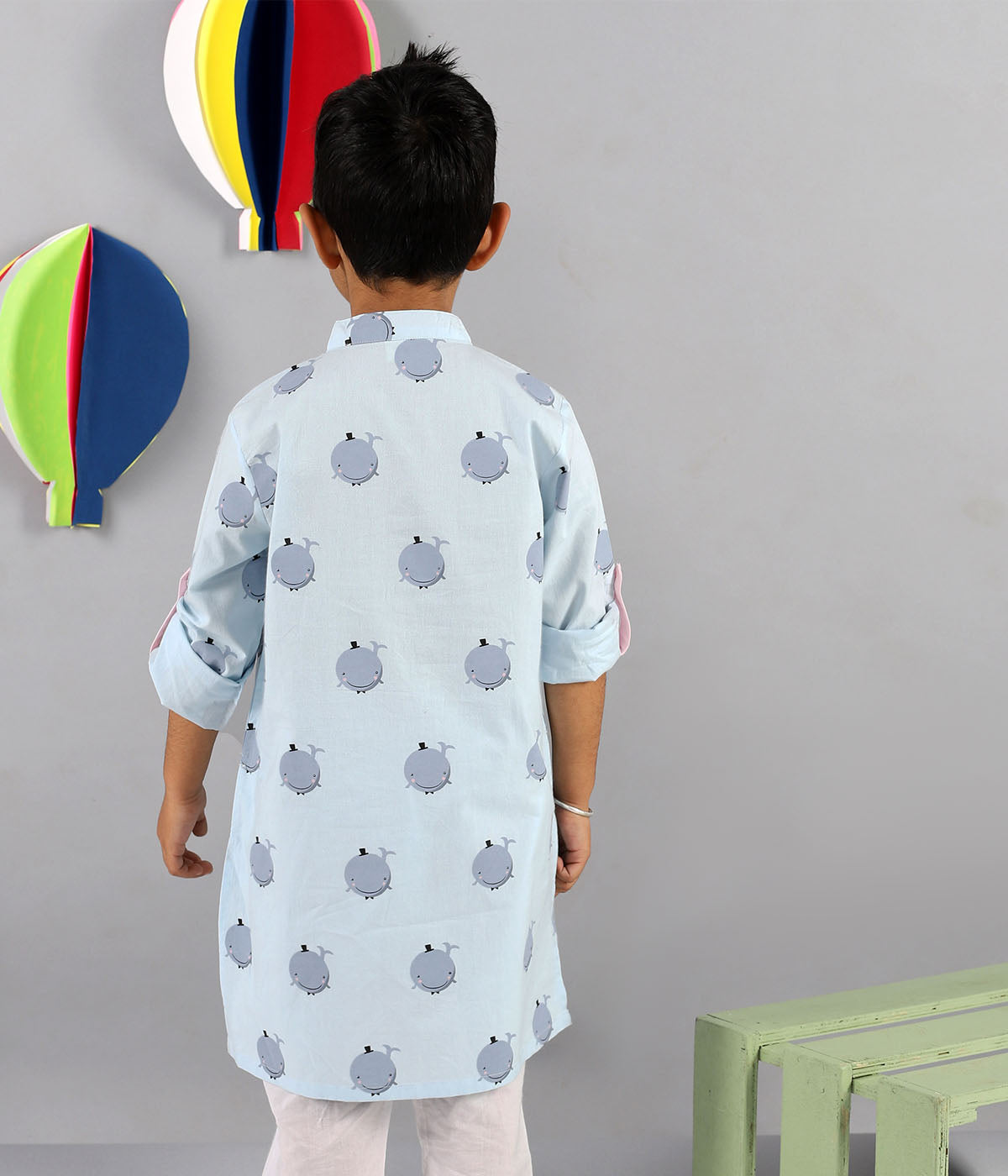 Whale Print Kurta With Contrast Pyjama