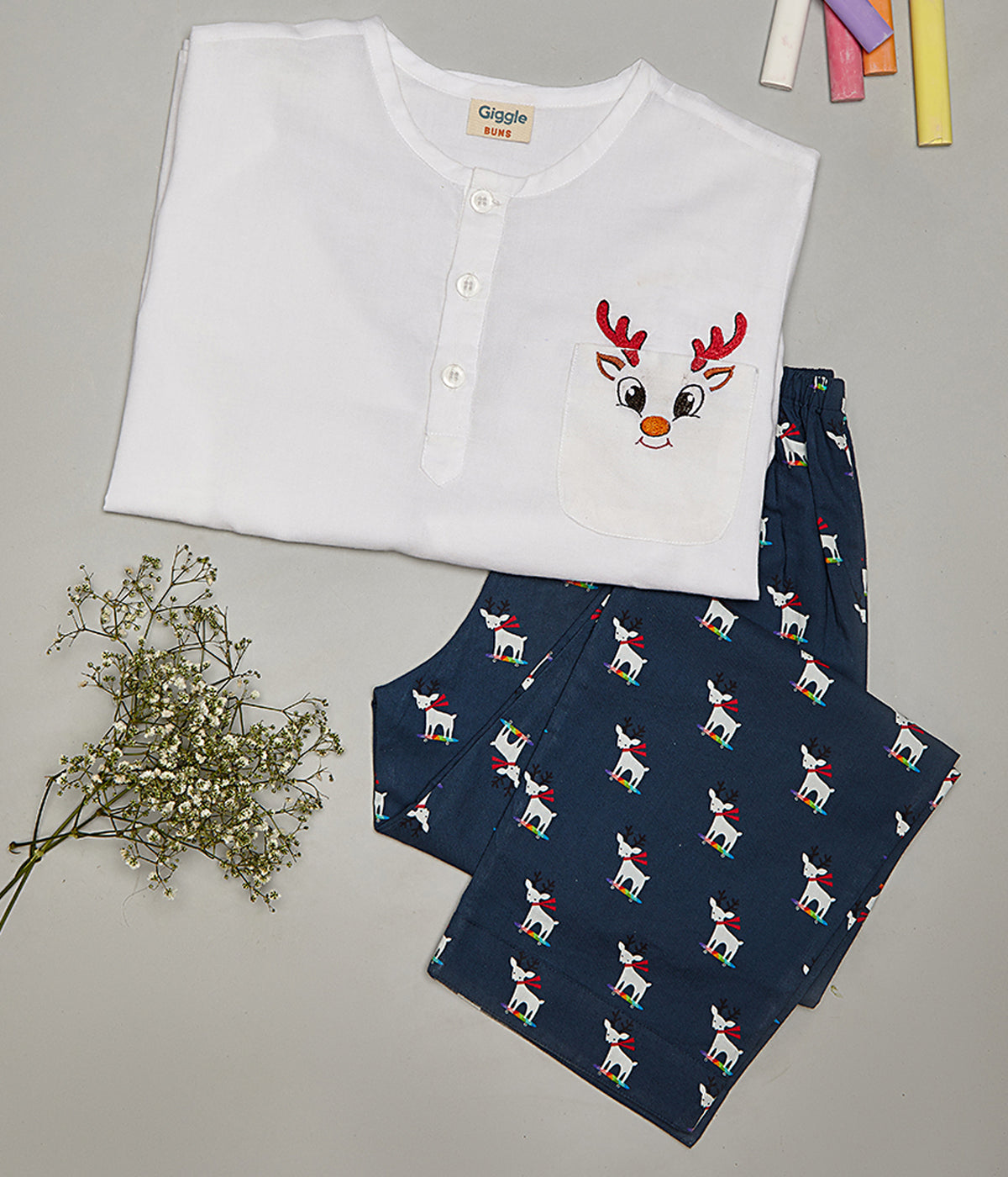 Round Neck Rudolph The Deer Embroidered Nightsuit