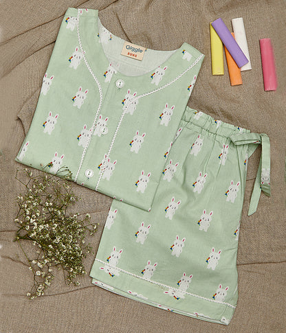 Round Neck Bunny Hopper Print Nightsuit With Shorts