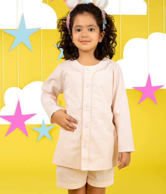 Round Neck Pink Multicolour Dots Nightsuit With Shorts
