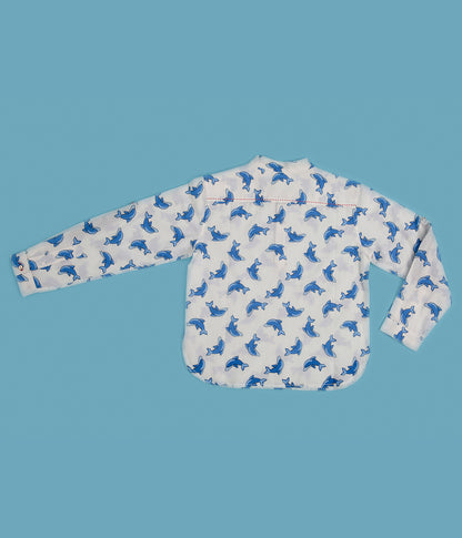 Chinese Collar Dolphin Print Shirt