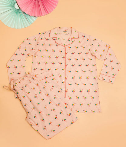 Notch Collared Tropical Flamingo Print Nightsuit